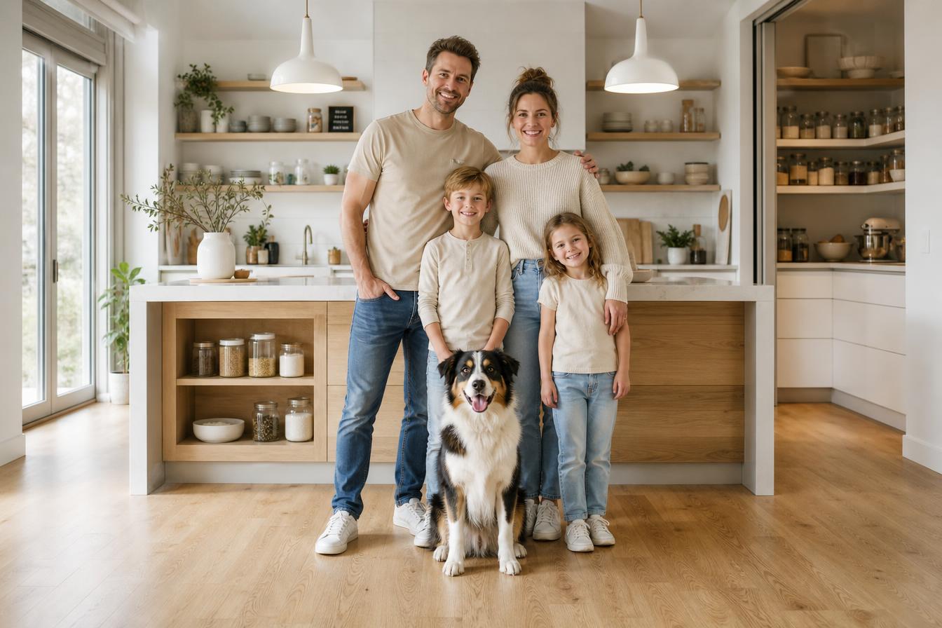 Glückliche Familie mit Hund in einer hellen, organisierten Küche und Vorratskammer
